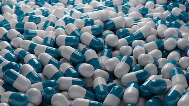 Ilustración 3D, gran pila de píldoras y cápsulas médicas azules, fondo - Foto, imagen