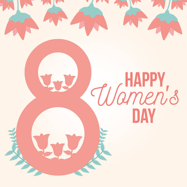 gelukkige vrouwen dag belettering en roze nummer acht - Vector, afbeelding