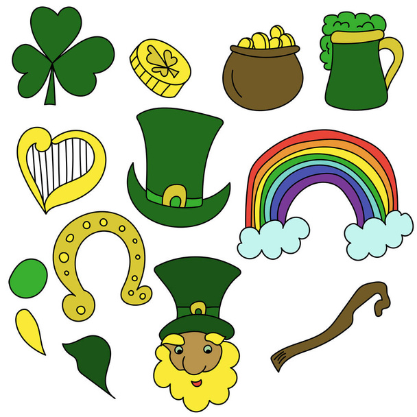 St Patrick 's day attributen doodles set, groene tekeningen met symbolen van geluk, kleuren pagina van eenvoudige elementen vector illustratie - Vector, afbeelding