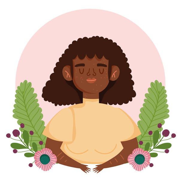 Perfekt unvollkommene afroamerikanische Frau mit Sommersprossen Blumen Zeichentrickfigur - Vektor, Bild