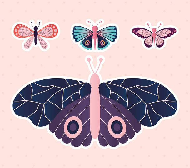 薄いピンクの背景をした蝶のセット - ベクター画像