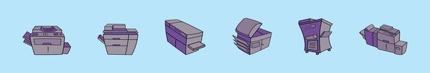 さまざまなモデルのコピー機の漫画のアイコンデザインテンプレートのセット。青の背景に隔離された現代のベクターイラスト - ベクター画像