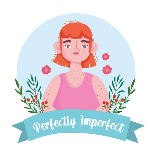 Perfekt unvollkommene Frau mit Sommersprossen Cartoon-Porträt, Blumenschmuck - Vektor, Bild