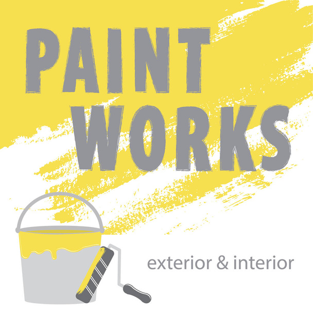 Het logo van Paint Works. Penseel slag gele verf en grijze tekst. Gele verfemmer en -rol. Buiten en binnen. Concept voor woninginrichting, gebouw. EPS10. - Vector, afbeelding