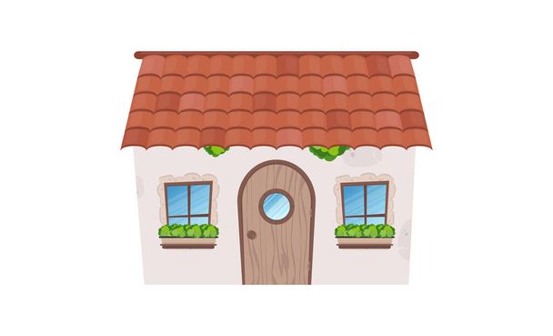 Small fairy house. Stone building with windows, door and roof. Cartoon style. For the design of games, postcards and books. Isolated on white background. Vector illustration. - Vector, Image