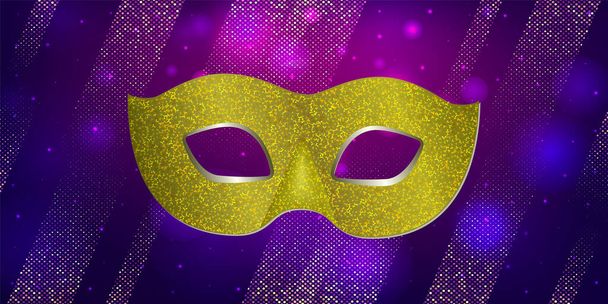 На темном ночном фоне вспышки света, плотоядная маска. Партия Марди Гра. Венецианский карнавал Марди Гра. Идеально подходит для поздравительной открытки, плаката, заголовка для веб-сайта. Вектор - Вектор,изображение