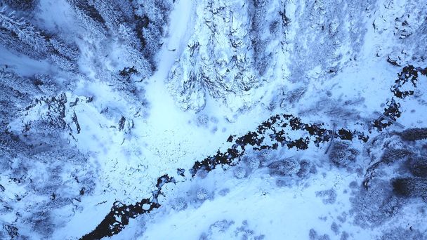A majestic snowy gorge with fir trees in mountains. Tall trees brush against white clouds. Steep cliffs with large rocks are covered with snow. Top view from the drone. Almarasan, Almaty, Kazakhstan - Photo, Image