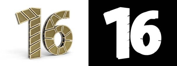Zlaté číslo šestnáct (číslo 16) vyřezáno do perforovaných zlatých segmentů s alfa kanálem a stínem na bílém pozadí. 3D ilustrace - Fotografie, Obrázek