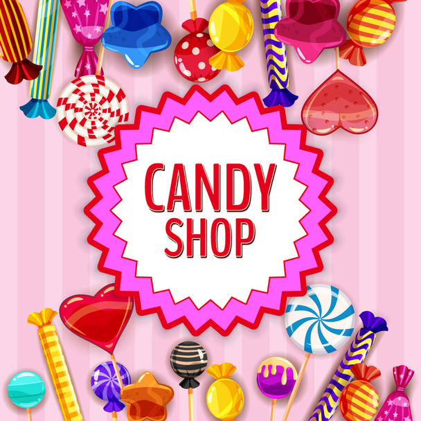 Candy Shop template set of different colors of candy, lollipops, sweets, chocolate candy, jelly beans various shape and colors. Background, poster, banner, vector, isolated, cartoon style - Vektor, Bild