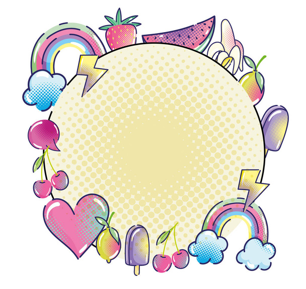 pop kunst regenboog fruit hart ijs spraak bel label halftoon - Vector, afbeelding