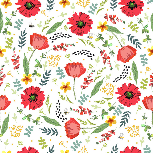 Bright spring pattern with flowers. Folklore motifs, stylization of embroidery. Vector illustration. Manual graphics. Suitable for decorating various surfaces. - Vektör, Görsel