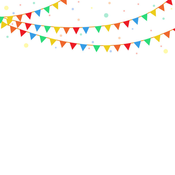 Színes fesztivál zászlók, koszorú, és konfetti minta fehér háttér. Többszínű díszítő design elemek díszítésére üdvözlőlap, party meghívó, és festa junina brazil. - Vektor, kép