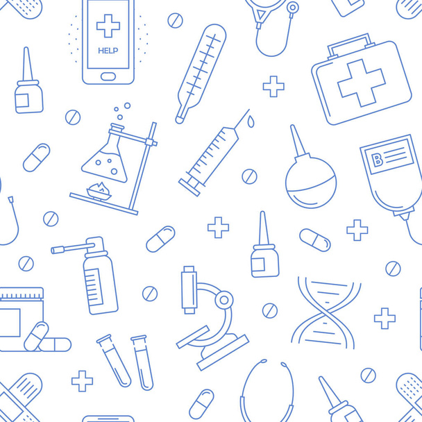 Medical seamless pattern. Hospital background with vector icons of health care equipment medicine cross, syringe, dropper, pill, thermometer, spray inhaler. Medicine and pharmacy elements, thin line - Vettoriali, immagini