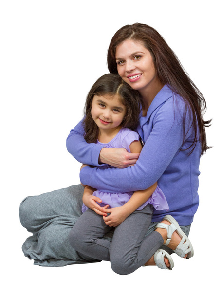 Mother and daughter smile and sit on floor - Фото, изображение
