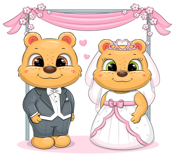 Mignon couple de mariage dessin animé avec arche décorée. Illustration vectorielle des ours mariés isolés sur du blanc. - Vecteur, image