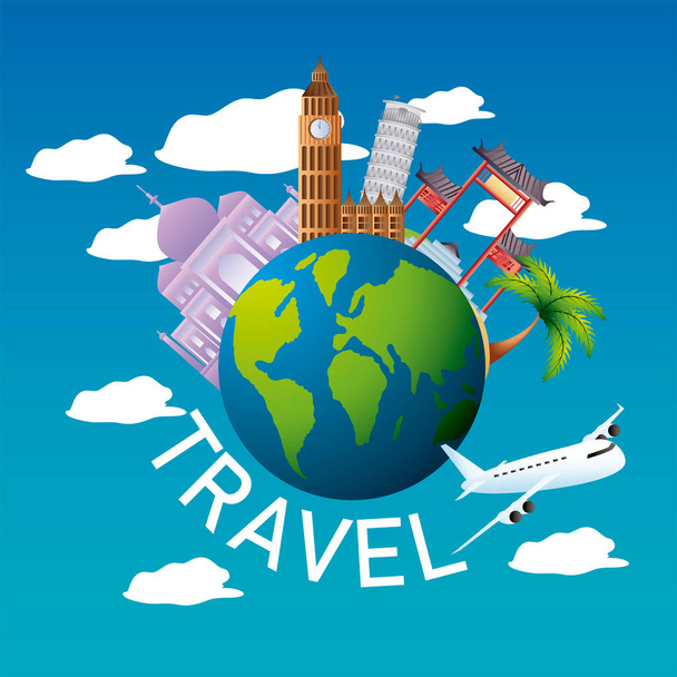 travel airplane world and monuments famous vacations tourism - Vector, Image