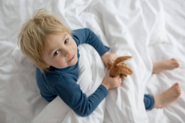 Cute child, lying in bed, playing with little stuff toy, smiling happily - Φωτογραφία, εικόνα