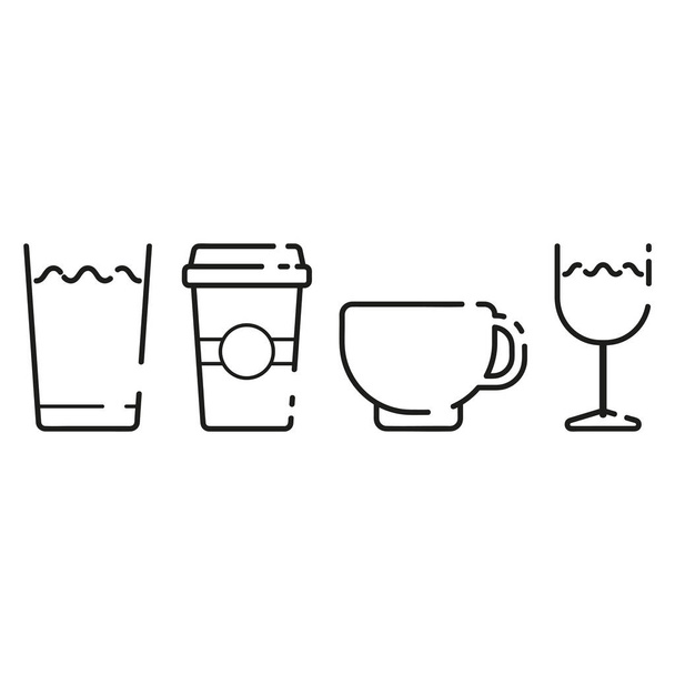 Vegyük el az alkoholos és alkoholmentes, hideg és forró italokat. Víz egy pohárban, kávé és tea egy bögrében, bor. Vékony vonal ikonok web, alkalmazások és design. Minimalista lapos stílus. - Vektor, kép