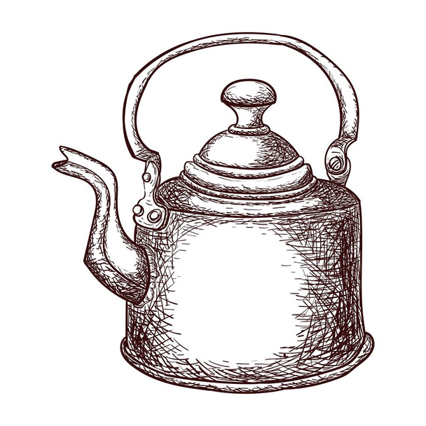 Copper teapot in sketch style, outline drawing isolated on white background, stock illustration for design and decoration, vintage, sticker, poster, banner - Vector, Imagen