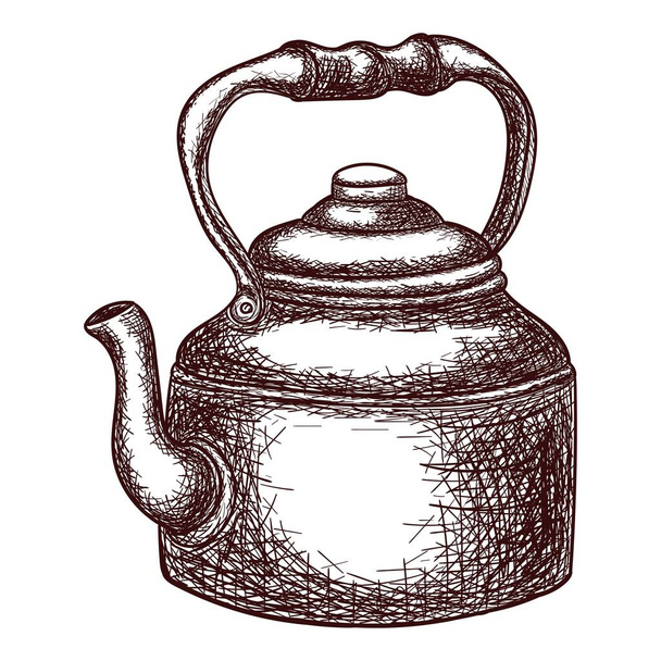 Copper teapot in sketch style, outline drawing isolated on white background, stock illustration for design and decoration, vintage, sticker, poster, banner - Vetor, Imagem