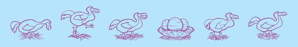 conjunto de plantilla de diseño de icono de dibujos animados dodo pájaro con varios modelos. ilustración vectorial moderna aislada sobre fondo azul - Vector, imagen