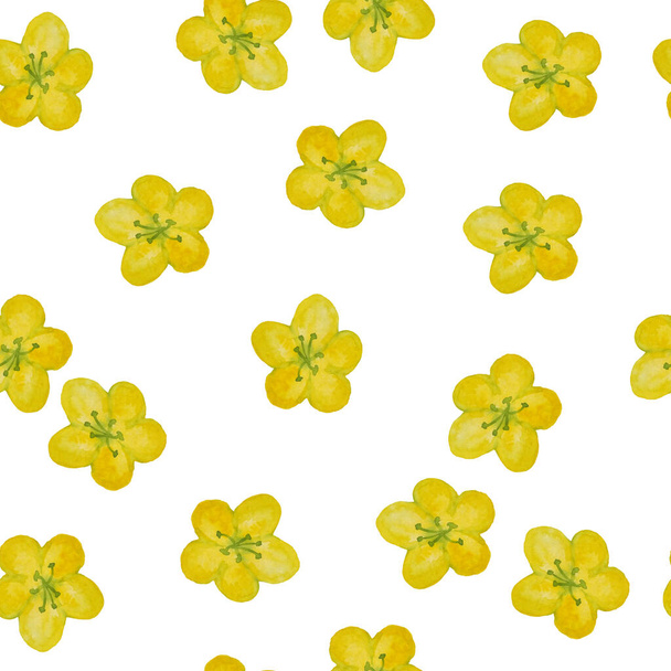 Seamless hand drawn watercolor pattern with yellow buttercup ranunculus, green wild herbs flowers leaves in wood woodland forest. Organic natural plants, floral botanical design for wallpapers textile - Foto, Imagem
