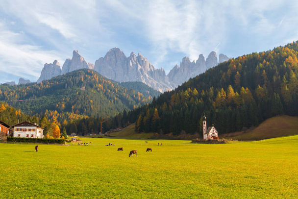 Prachtige Dolomieten, Odle gebergte, Seceda gebergte bij het dorp Santa Maddalena, Trentino Alto Adige provincie, Val di Funes vallei in Zuid Tirol, Italië - Foto, afbeelding