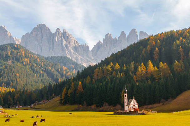 Όμορφοι Δολομίτες, οροσειρά Odle, βουνά Seceda κοντά στο χωριό Santa Maddalena, επαρχία Trentino Alto Adige, κοιλάδα Val di Funes στο Νότιο Τιρόλο, Ιταλία - Φωτογραφία, εικόνα