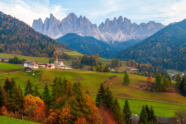 Beautiful Dolomites, Odle mountain range, Seceda mountains near the village of Santa Maddalena, Trentino Alto Adige province, Val di Funes valley in South Tyrol, Italy - Photo, Image