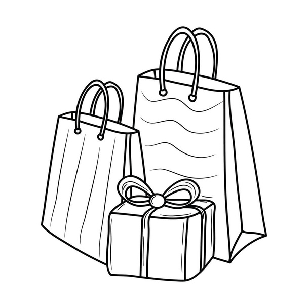 Bolsa de compras con ilustración de vector de caja de regalo, signo de vector de contorno, pictograma de estilo lineal aislado sobre fondo blanco - Vector, Imagen