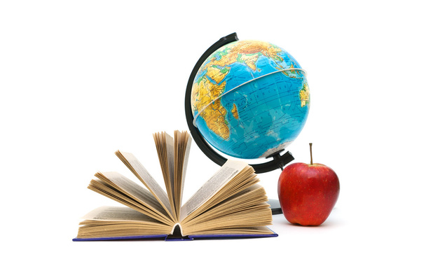 Book, red apple and globe on white background - Zdjęcie, obraz