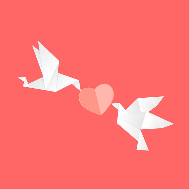 Origami Happy Valentine 's day greeting. Плакат на День Святого Валентина. Flying Love Birds in paper cut style. - Вектор,изображение