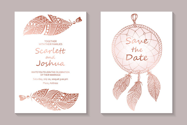 Set of modern luxury wedding invitation design or card templates for business or presentation or greeting with rose gold dreamcatcher and feathers on a white background. - Vetor, Imagem