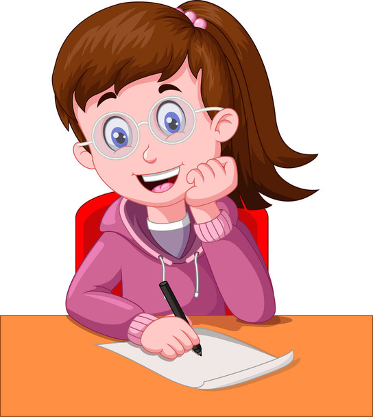 Cute Girl With Eyeglasses Writing In A Paper With A Black Pen Cartoon - Vector, Image