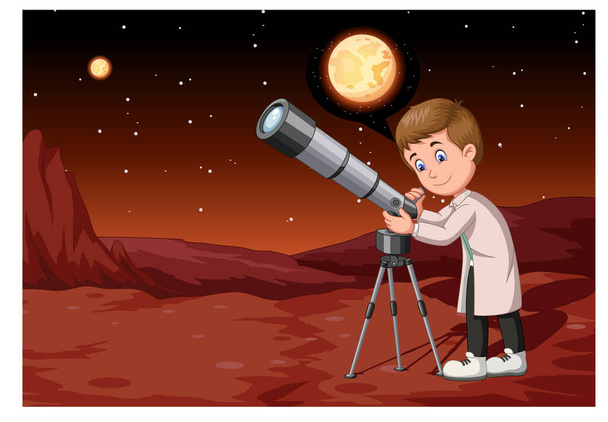 Hezký vědec s dalekohledem v karikatuře Mars Suface - Vektor, obrázek