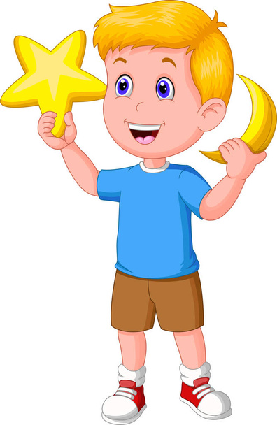 счастливый мальчик держит в руках звезду и манекен луны игрушечный мультфильм - Вектор,изображение