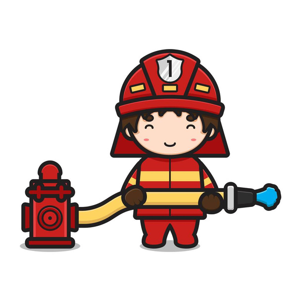 Cute fire fighter character spaying water from hydrant cartoon vector icon illustration. Profession icon concept isolated vector. Flat cartoon style - Vector, Image