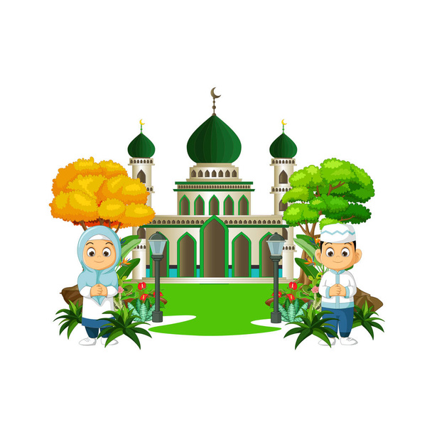 Moschea islamica con due bambini cartone animato - Vettoriali, immagini