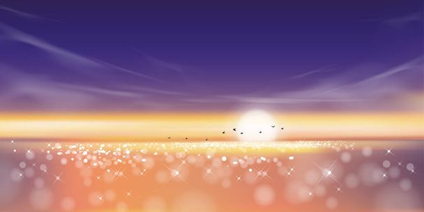 Dramatic sunset with sky line in orange, yellow and pink, purple with birds flying in sky,Vector illustration beautiful nature of landscape seaside in evening for Summer holiday background - Vector, Image