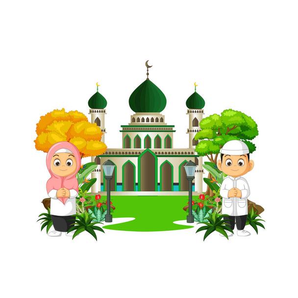 Moskee cartoon met kinderen - Vector, afbeelding