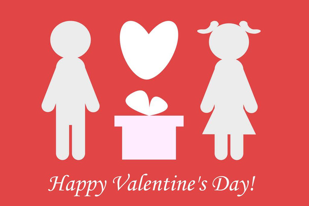 Happy Valentine's Day illustration. Holiday greeting card, poster, banner with text lettering. Couple in love with heart and gift box. Isolated on pink background - Photo, image