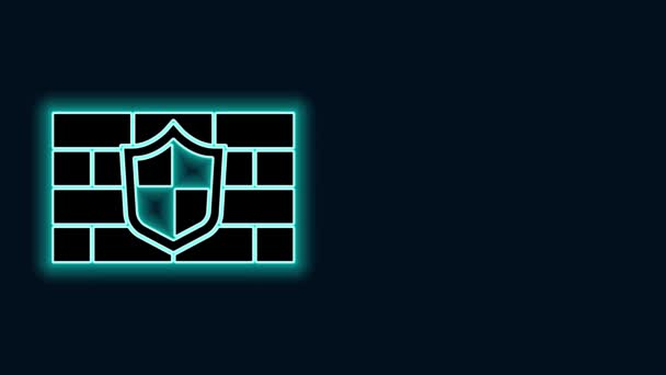 Glowing neon line Shield with cyber security brick wall icon isolated on black background. Data protection symbol. Firewall. Network protection. 4K Video motion graphic animation - Footage, Video