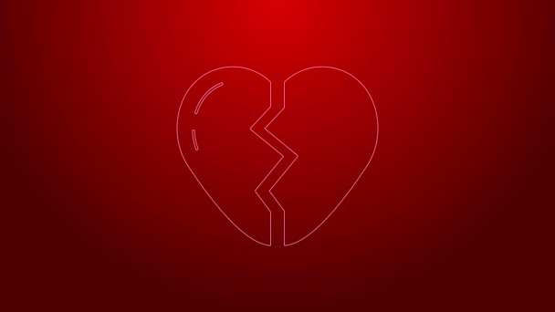Ligne verte Coeur brisé ou icône de divorce isolé sur fond rouge. Symbole d'amour. Saint Valentin. Animation graphique de mouvement vidéo 4K - Séquence, vidéo
