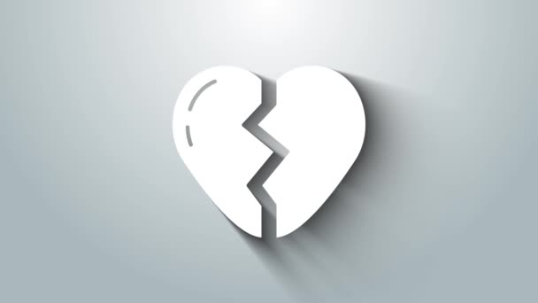 Cœur brisé blanc ou icône de divorce isolé sur fond gris. Symbole d'amour. Saint Valentin. Animation graphique de mouvement vidéo 4K - Séquence, vidéo