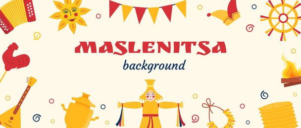 Web Banner for Maslenitsa Pancake week. Doll in ethnic dress with head from straw. Samovar, balalaika, bayan, folk sun. Poster Russian Winter Festival. Slavic Holiday Shrovetide. Vector illustration. - Vector, imagen