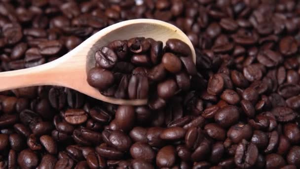 Vonná kávová zrna se praží v pánvi na pečení, přičemž se pečlivě zaostří. zpomalený pohyb - Záběry, video