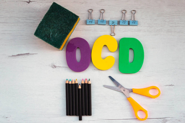Obsessive compulsive disorder, objects related to psychological disorder Conceptual of obsessive compulsive disorder and objects related to some of its manifestations - Photo, Image