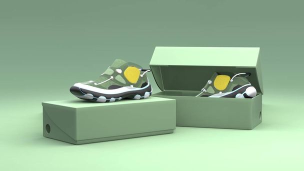 Footwear concept with box package on the green background. Package design. 3d illustration. - Photo, Image