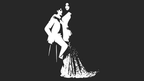 Na tmavomodrém pozadí je abstraktně vyobrazen zamilovaný pár - muž a žena v bílém, ve vektoru Muž sedí na židli a objímá ženu v krásných svatebních šatech. - Vektor, obrázek