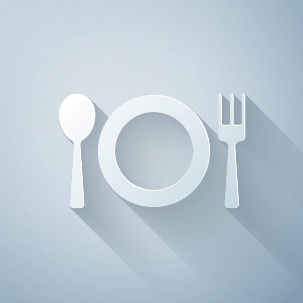 Paper cut Plate, fork and knife icon isolated on grey background. Cutlery symbol. Restaurant sign. Paper art style. Vector. - Vector, Image